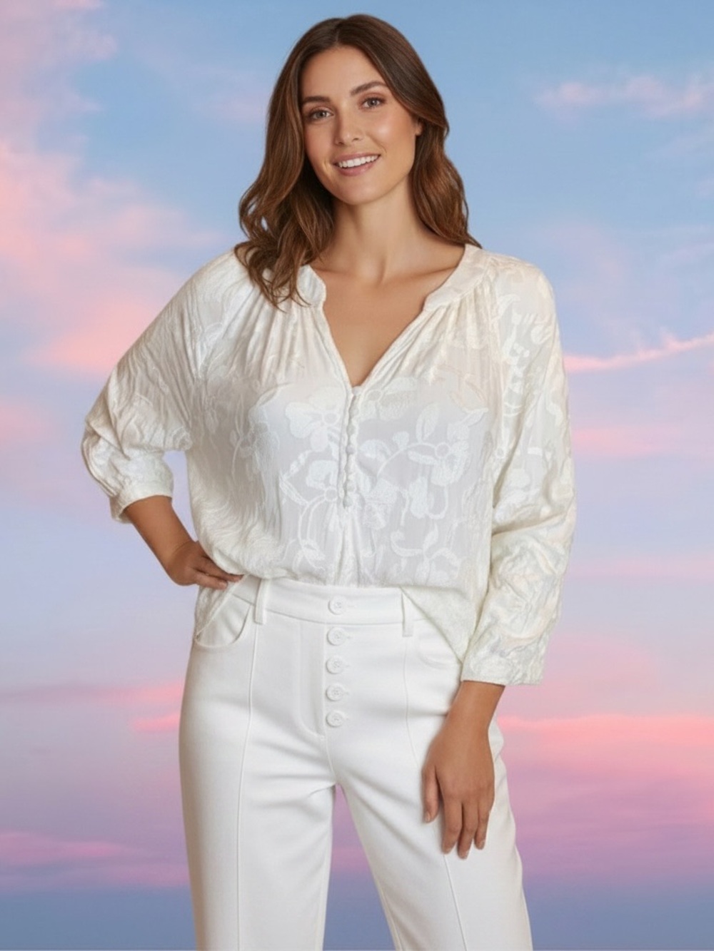 Brixton Ivy White Cotton Embroidered 3/4 Length Sleeve Blouse Size Large